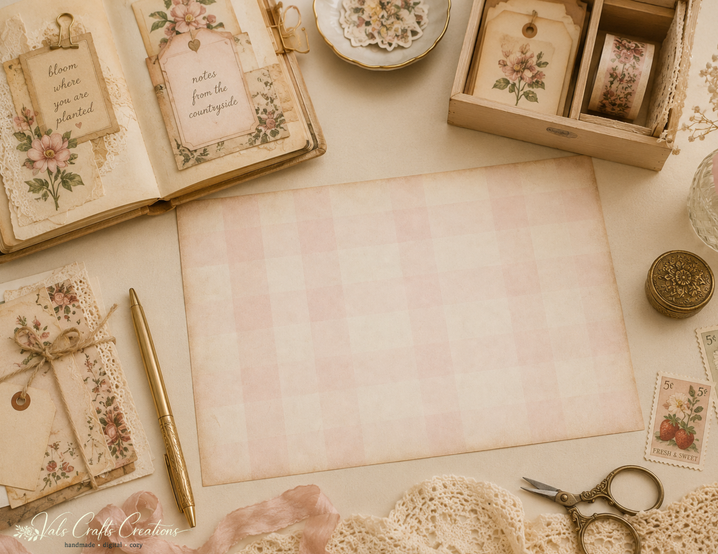 Strawberries Picnic Heirloom – Vintage Floral Junk Journal Paper Kit