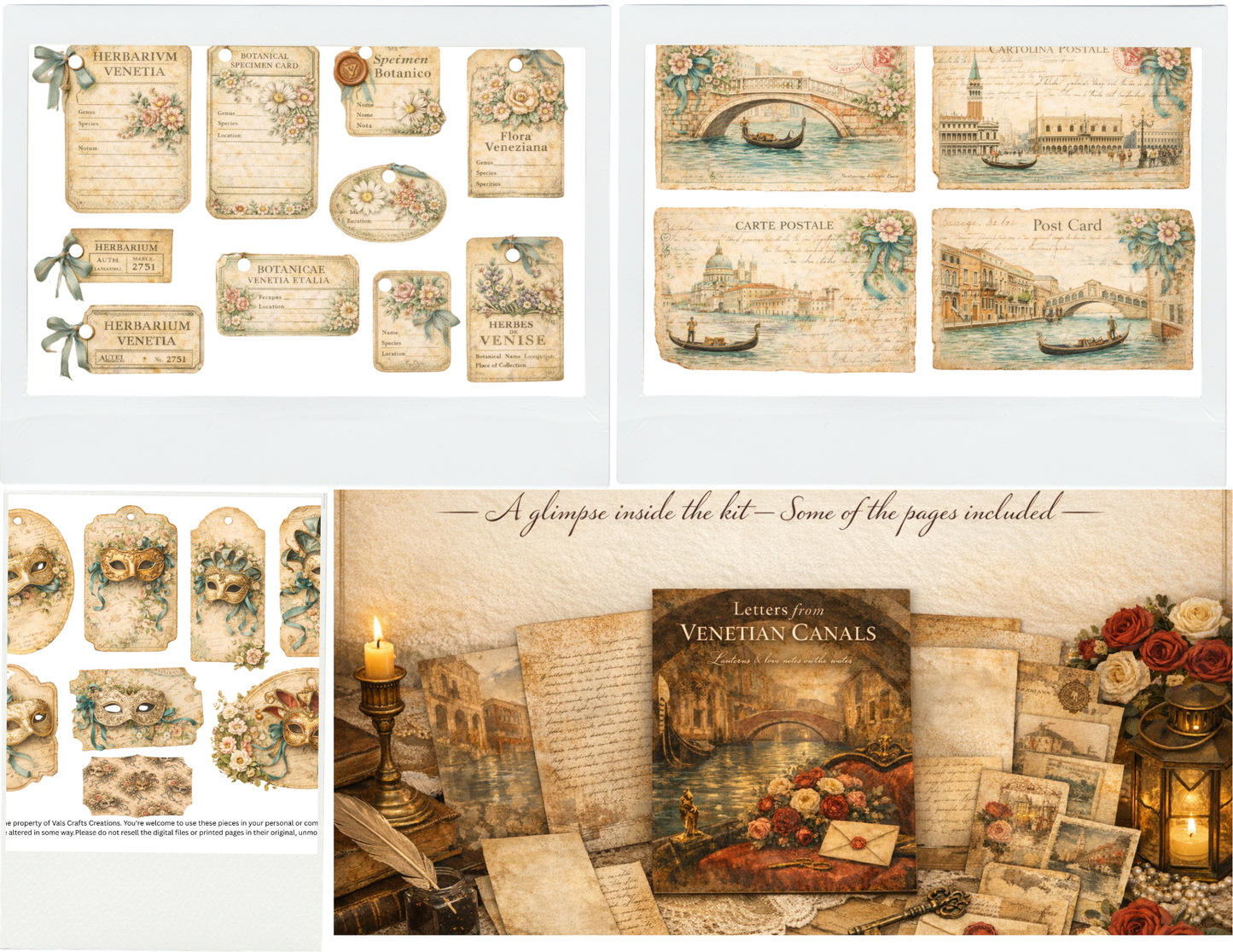 Letters from the Venetian Canals – 32 Background Pages + 14 Ephemera Pages – Romantic Venice Paper Kit for Journaling, Scrapbooking & Crafts – 300 DPI JPG