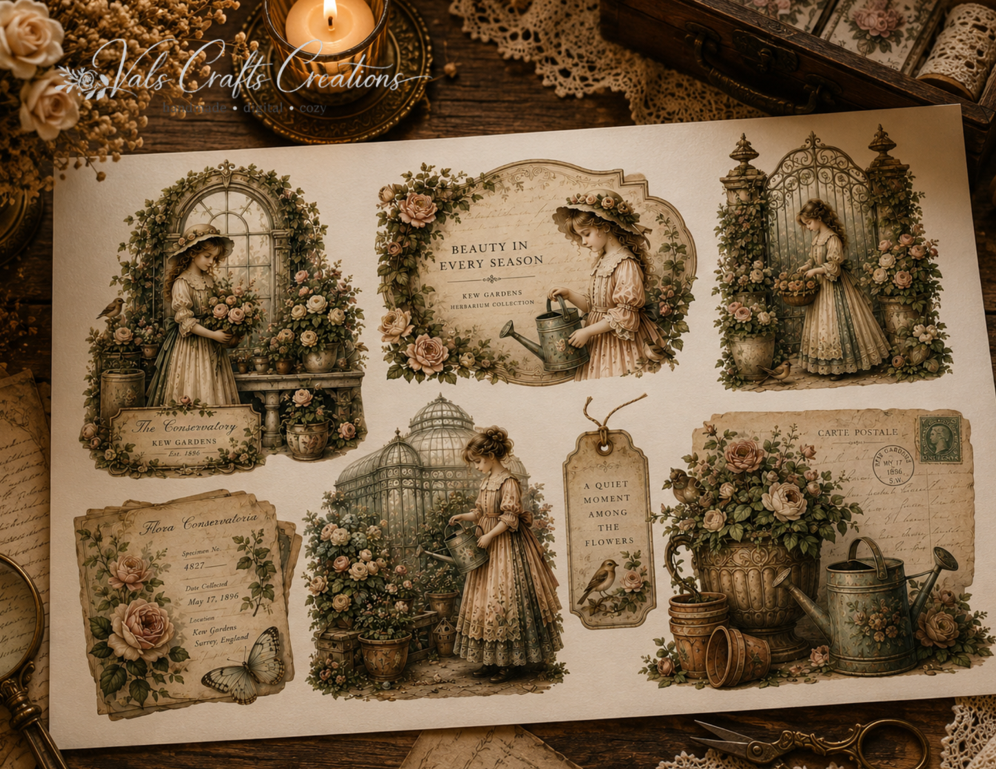Quiet Garden Charm: A Vintage Botanical Paper Kit Collection