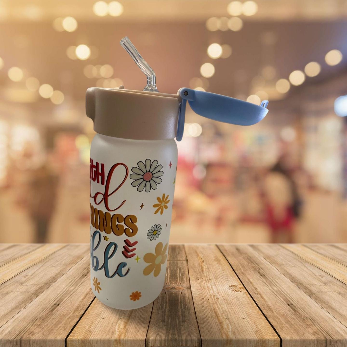 15 oz Frosted Glass Water Bottle with Blue Lid- With God all things are possible