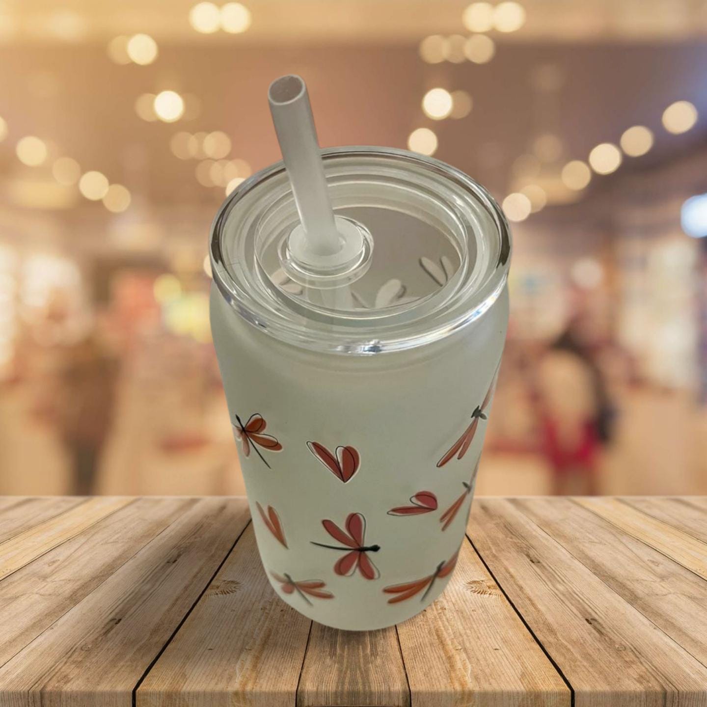 16 oz Frosted Glass Can with Acrylic lid and Straw- Dragonflies