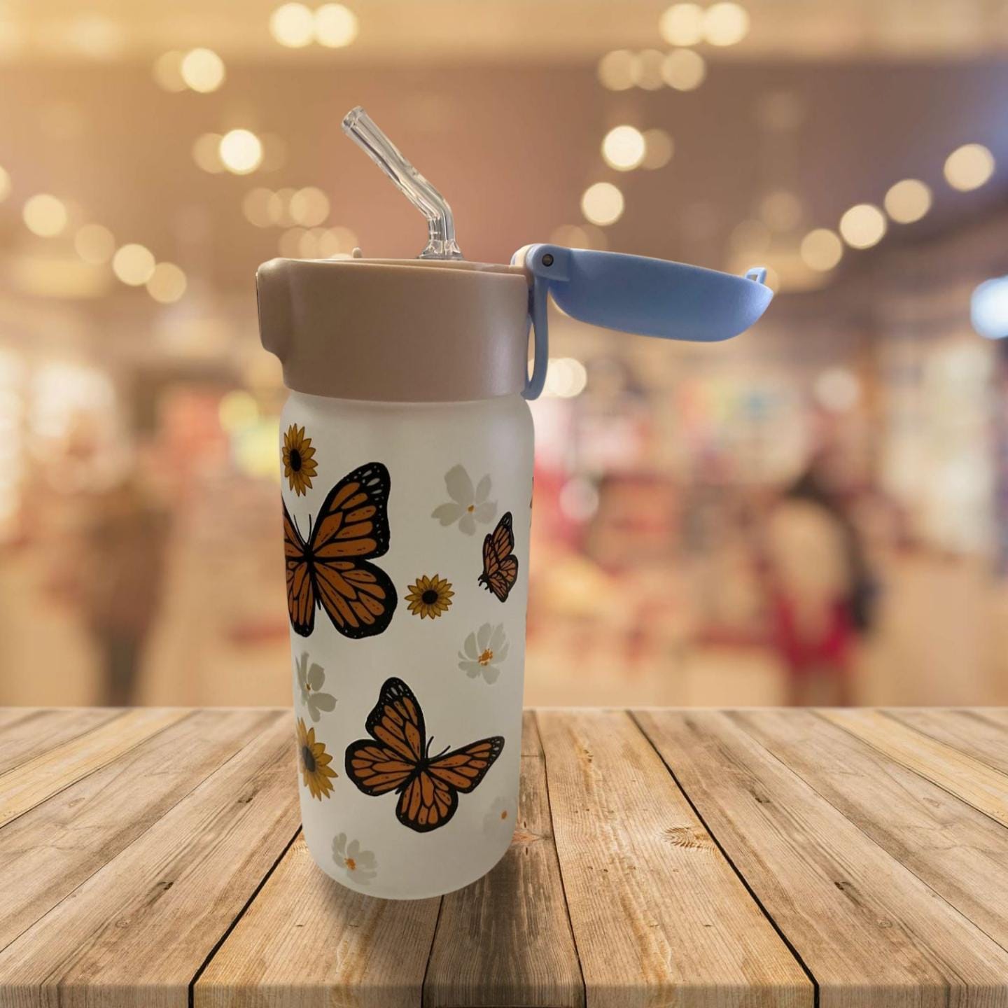 15 oz Frosted Glass Water Bottle with Blue Lid- Flowers and butterflies