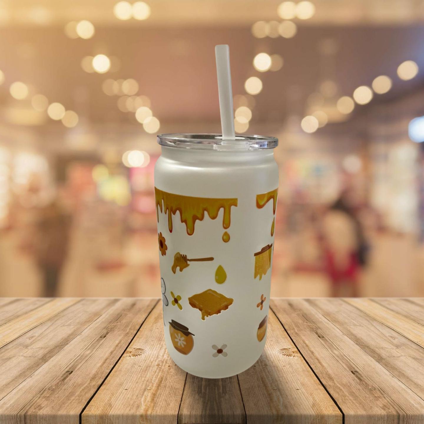 16 oz Frosted Glass Can with Lid and Stra-Gnomes and bees