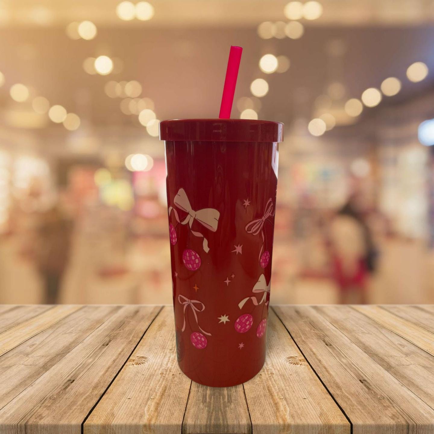Red Tumbler with Bows and Cherries Design