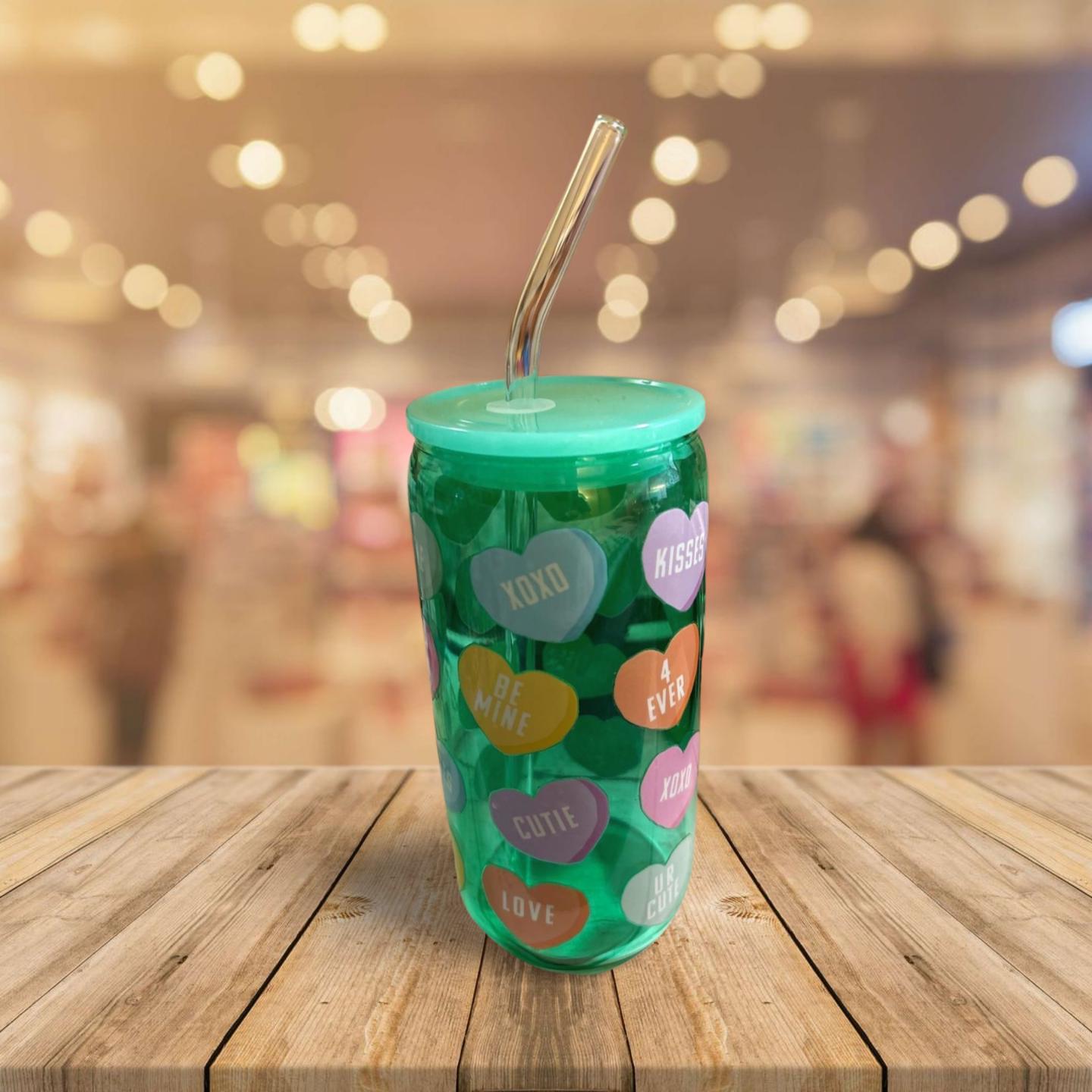 16 oz Sweetheart Candies Clear Green Glass Tumbler with Lid & Straw