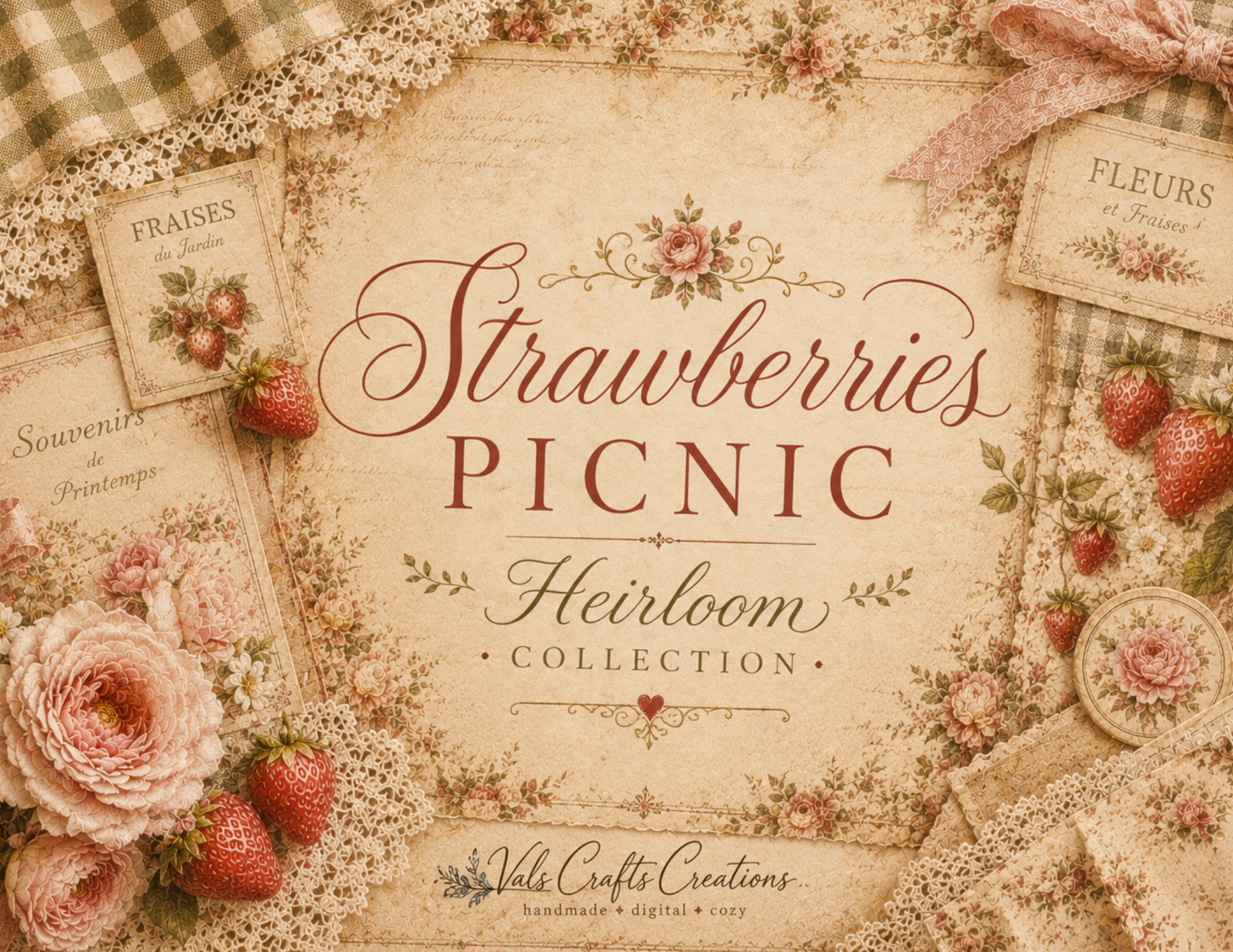 Strawberries Picnic Heirloom – Vintage Floral Junk Journal Paper Kit