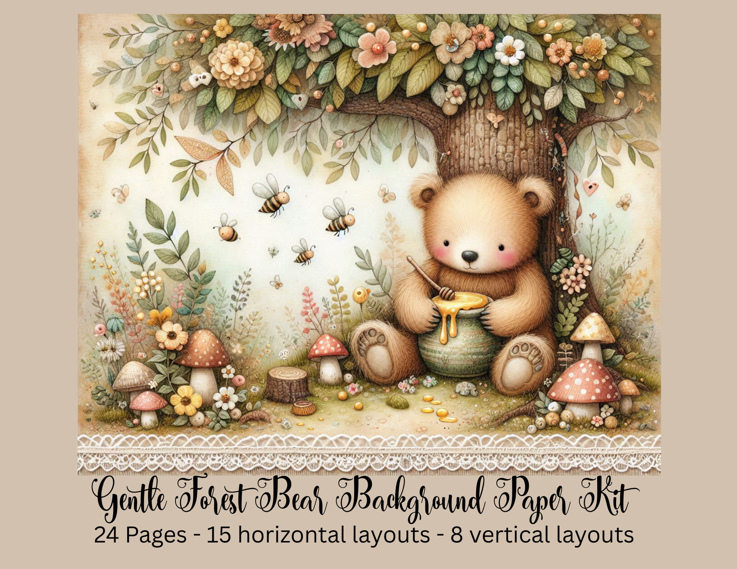 Gentle Forest Bear Background Paper Kit 23 Pages - Printed