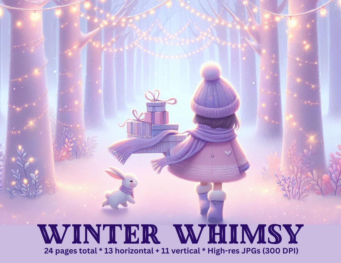 Winter Whimsy Background Paper Kit – Soft Lavender Forest & Gift-Gathering Girl (Physical)