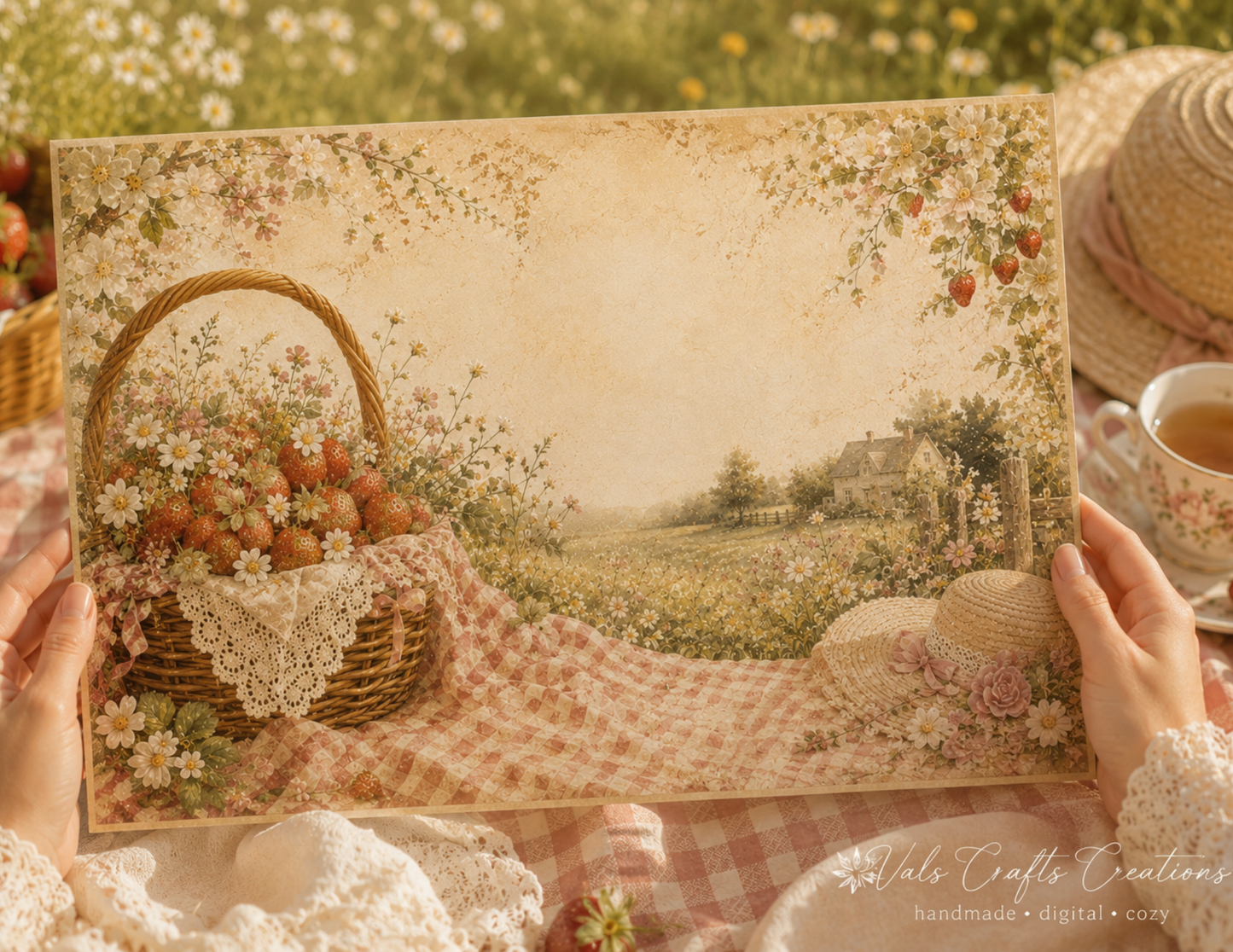 Strawberries Picnic Heirloom – Vintage Floral Junk Journal Paper Kit