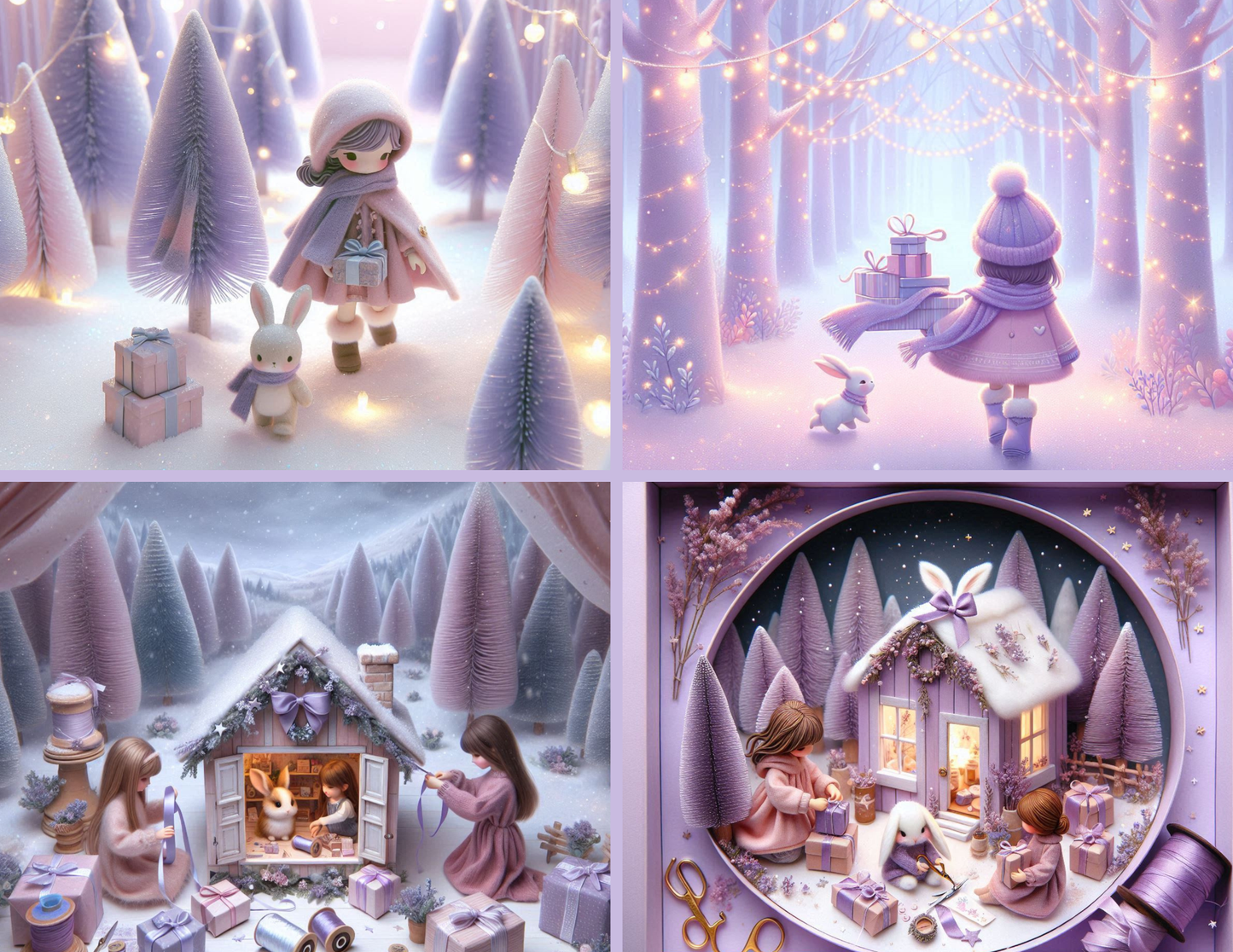 Winter Whimsy Background Paper Kit – Soft Lavender Forest & Gift-Gathering Girl (Digital Kit)
