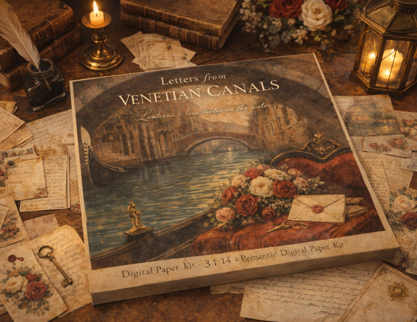 Letters from the Venetian Canals – 32 Background Pages + 14 Ephemera Pages – Romantic Venice Paper Kit for Journaling, Scrapbooking & Crafts – 300 DPI JPG