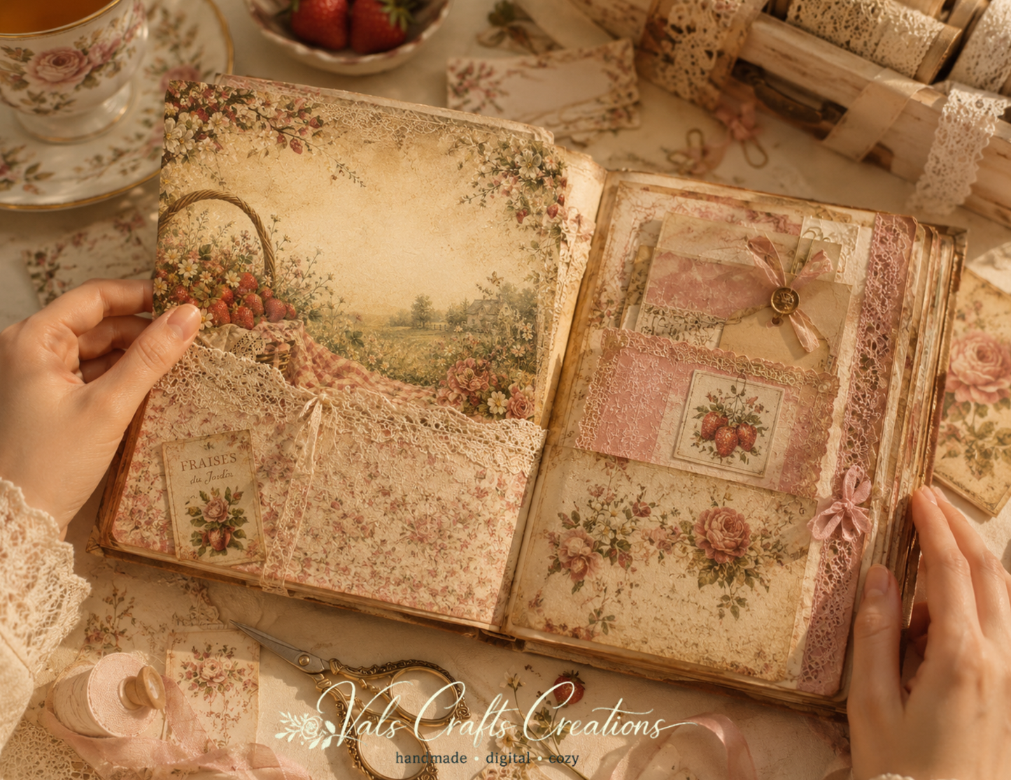 Strawberries Picnic Heirloom – Vintage Floral Junk Journal Paper Kit