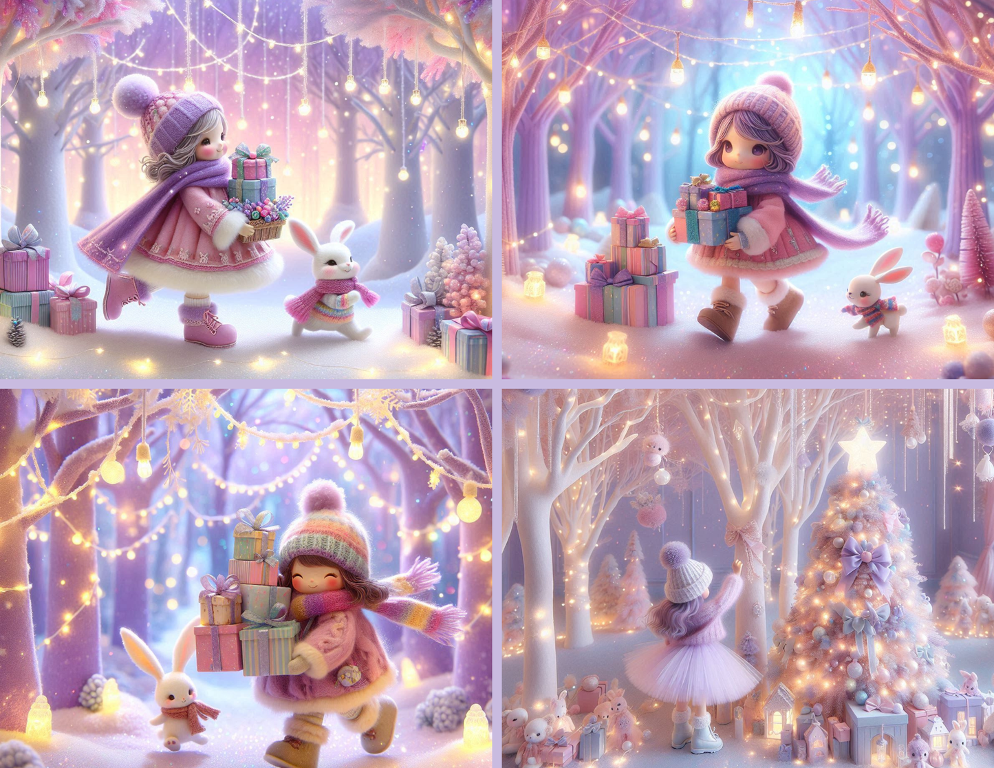 Winter Whimsy Background Paper Kit – Soft Lavender Forest & Gift-Gathering Girl (Physical)