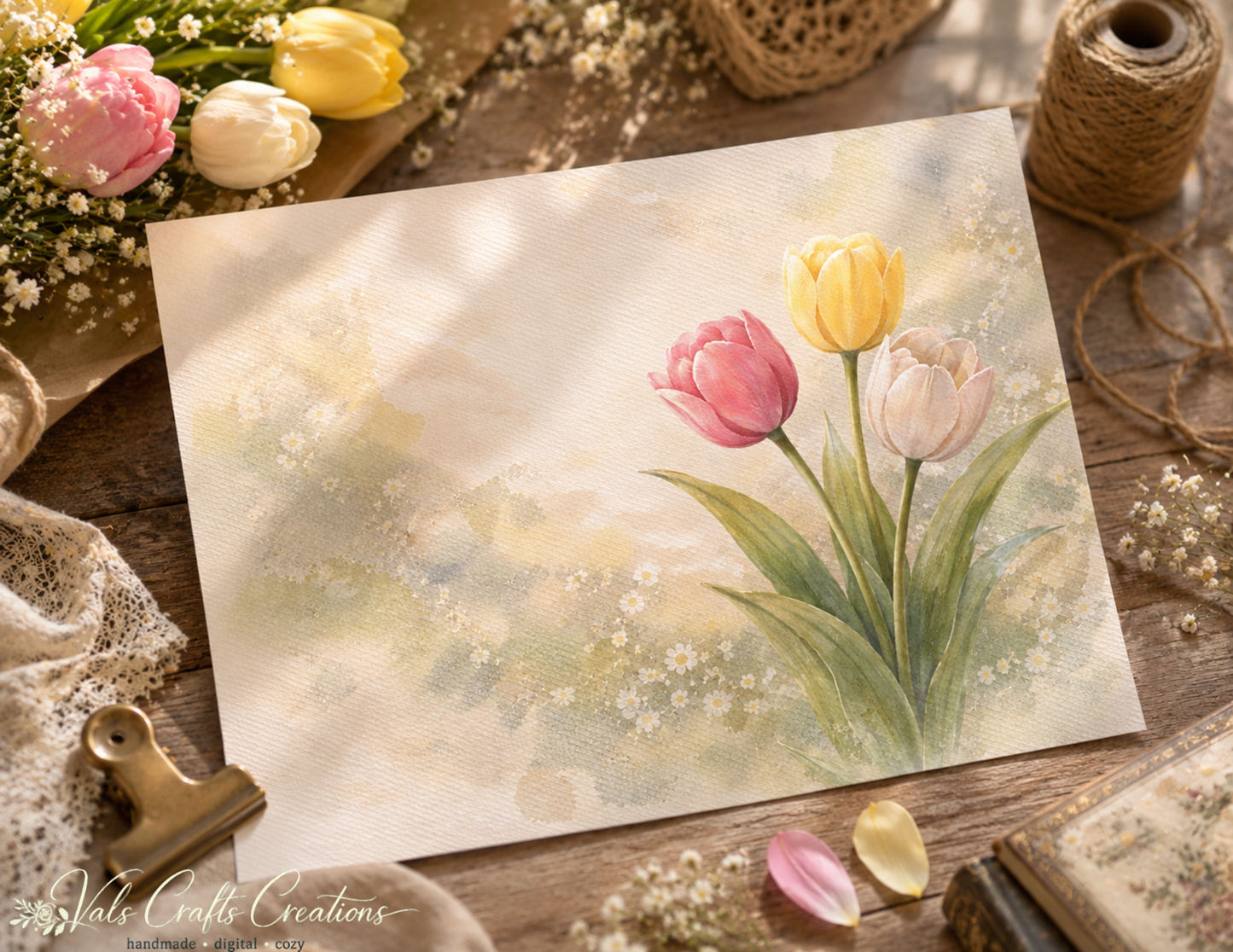 Tulips in Bloom – Vintage Floral Junk Journal Kit (15 Hero Pages, 18 Journaling Pages, 10 Seamless Papers, 16 Ephemera Pages)