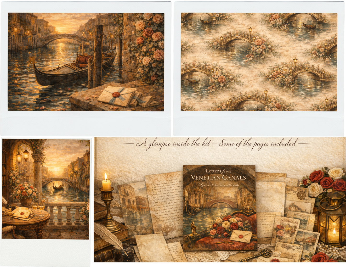 Letters from the Venetian Canals – 32 Background Pages + 14 Ephemera Pages – Romantic Venice Paper Kit for Journaling, Scrapbooking & Crafts – 300 DPI JPG