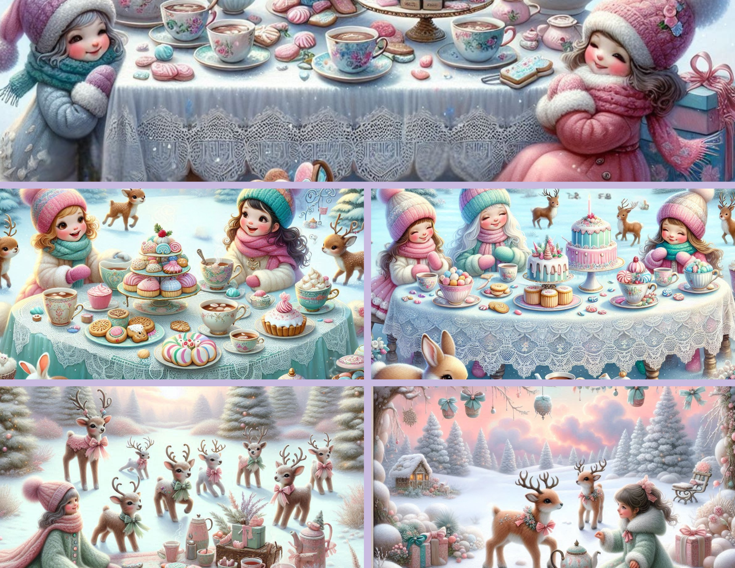 Winter Whimsy Background Paper Kit – Soft Lavender Forest & Gift-Gathering Girl (Physical)