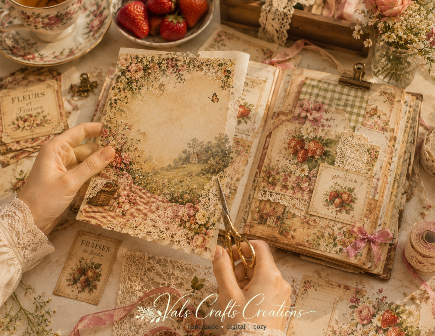 Strawberries Picnic Heirloom – Vintage Floral Junk Journal Paper Kit