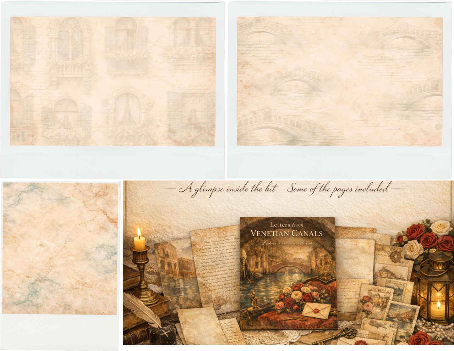 Letters from the Venetian Canals – 32 Background Pages + 14 Ephemera Pages – Romantic Venice Paper Kit for Journaling, Scrapbooking & Crafts – 300 DPI JPG