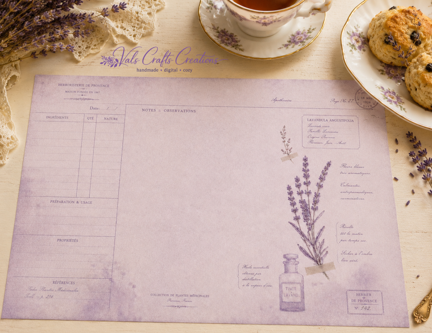 Lavender Tea Heirloom – Vintage Provence Junk Journal Paper Kit
