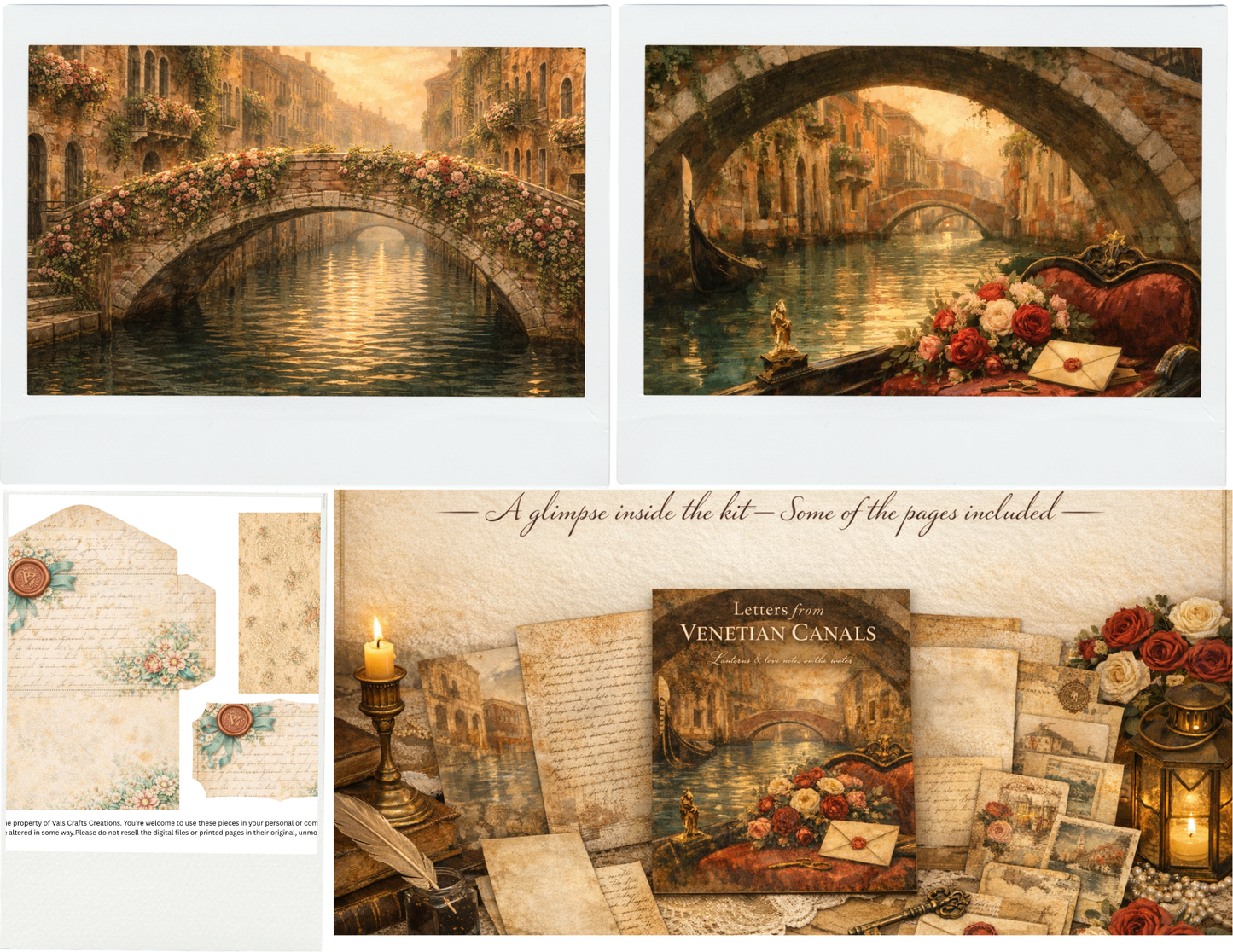 Letters from the Venetian Canals – 32 Background Pages + 14 Ephemera Pages – Romantic Venice Paper Kit for Journaling, Scrapbooking & Crafts – 300 DPI JPG