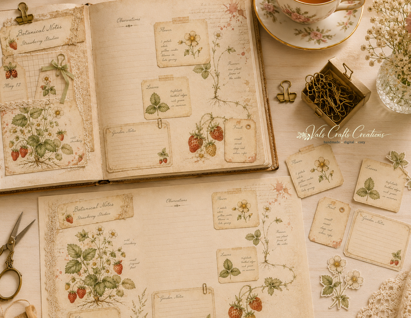 Strawberries Picnic Heirloom – Vintage Floral Junk Journal Paper Kit