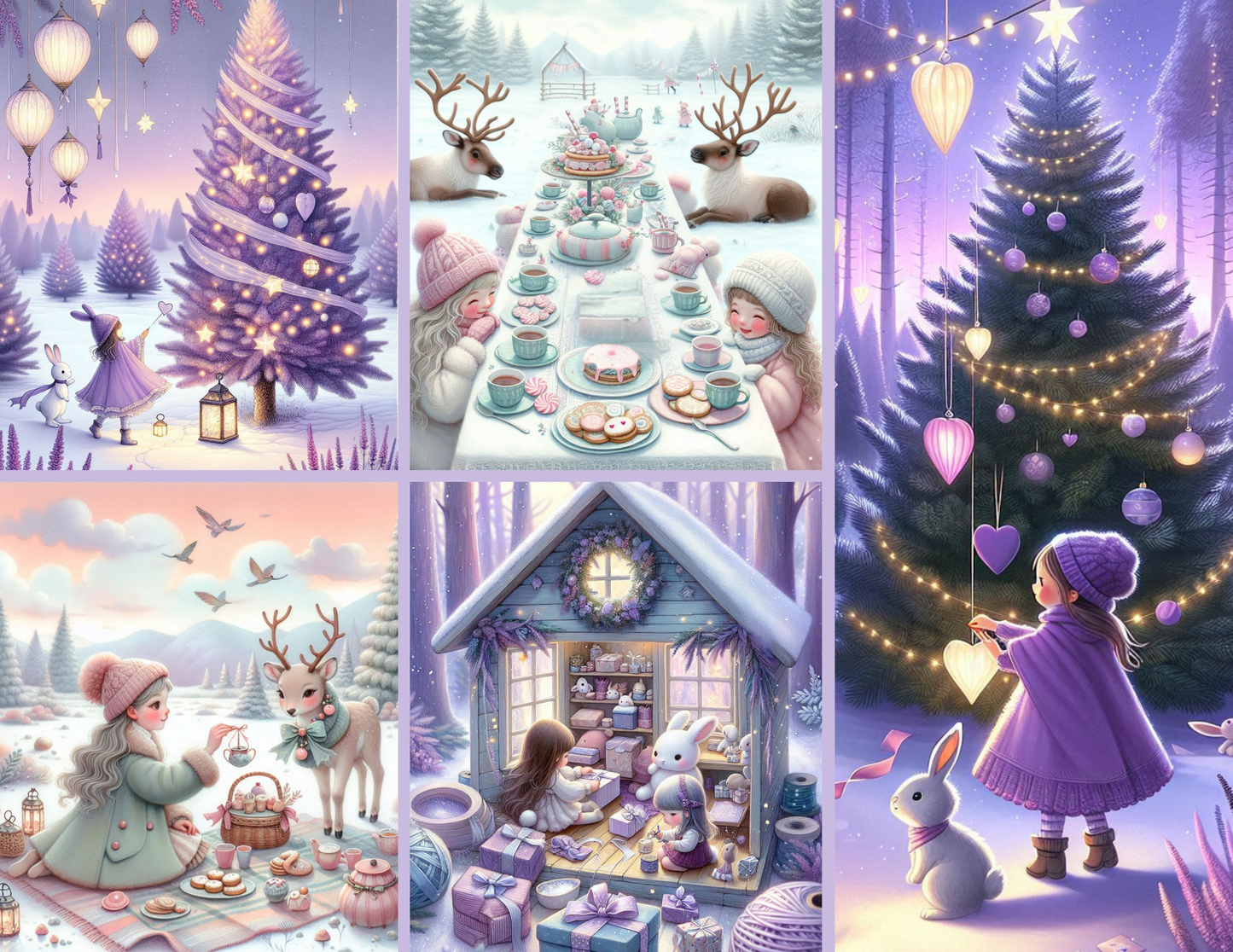 Winter Whimsy Background Paper Kit – Soft Lavender Forest & Gift-Gathering Girl (Digital Kit)