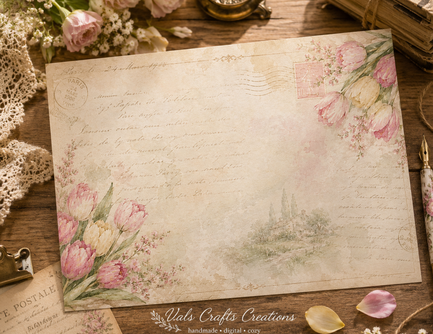 Tulips in Bloom – Vintage Floral Junk Journal Kit (15 Hero Pages, 18 Journaling Pages, 10 Seamless Papers, 16 Ephemera Pages)
