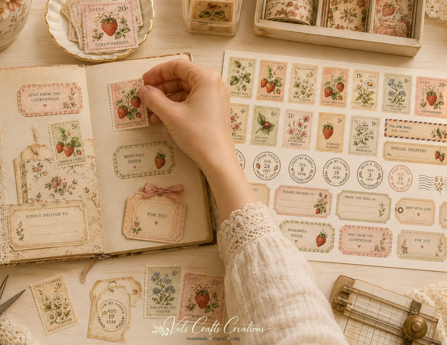 Strawberries Picnic Heirloom – Vintage Floral Junk Journal Paper Kit