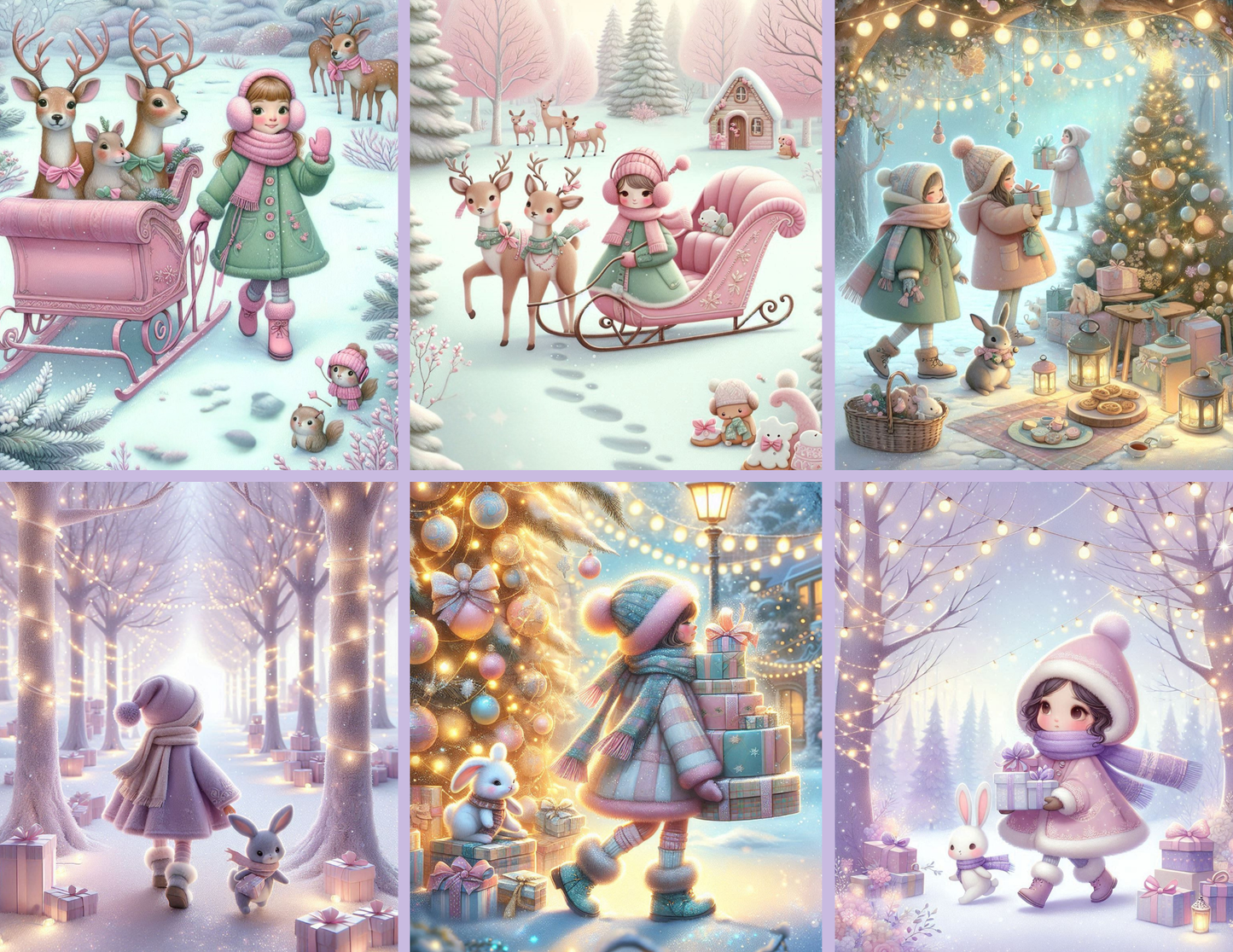 Winter Whimsy Background Paper Kit – Soft Lavender Forest & Gift-Gathering Girl (Digital Kit)
