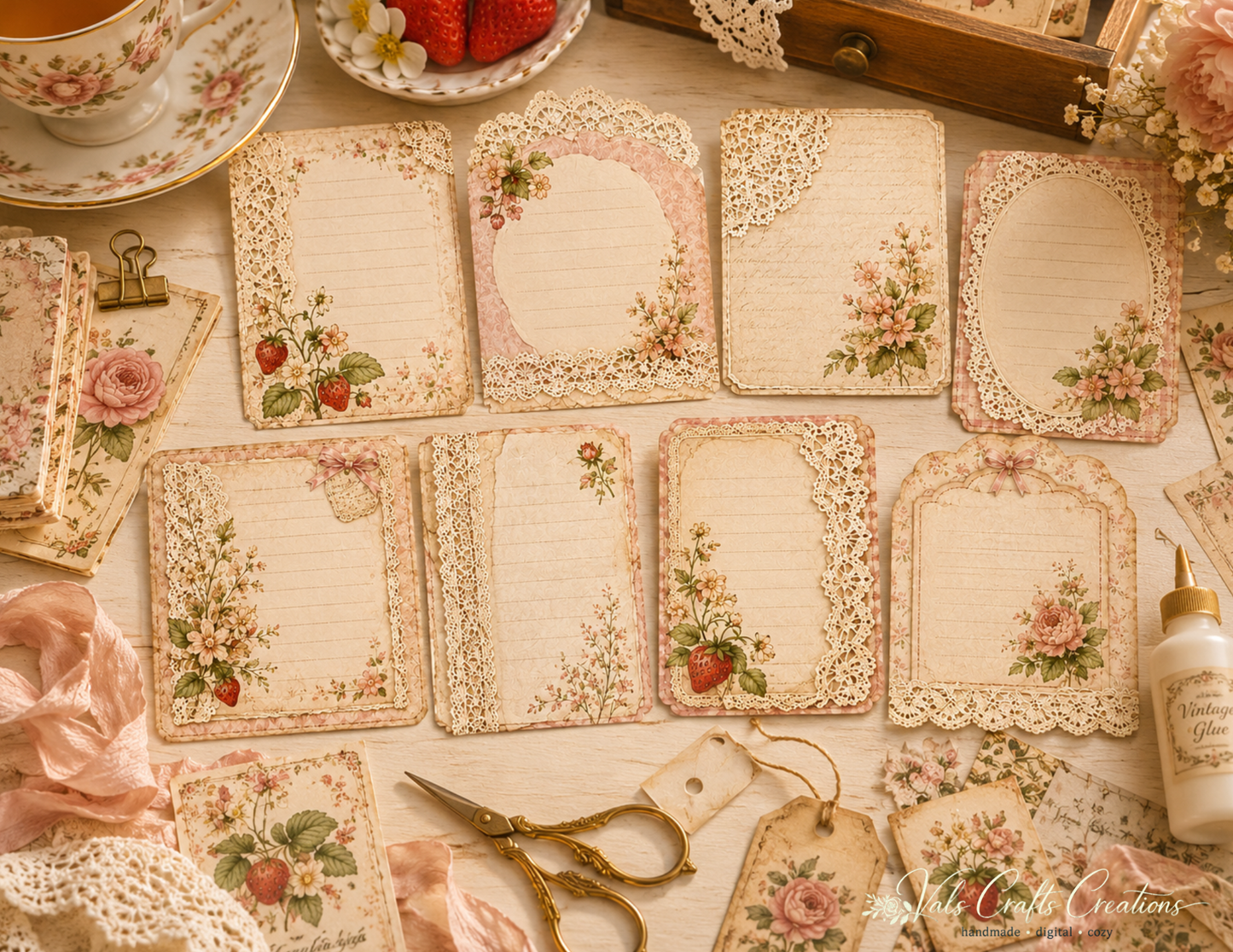 Strawberries Picnic Heirloom – Vintage Floral Junk Journal Paper Kit