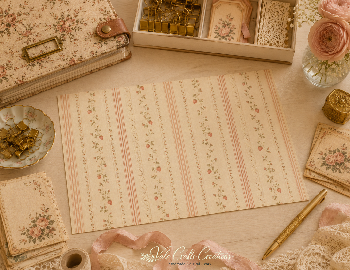 Strawberries Picnic Heirloom – Vintage Floral Junk Journal Paper Kit