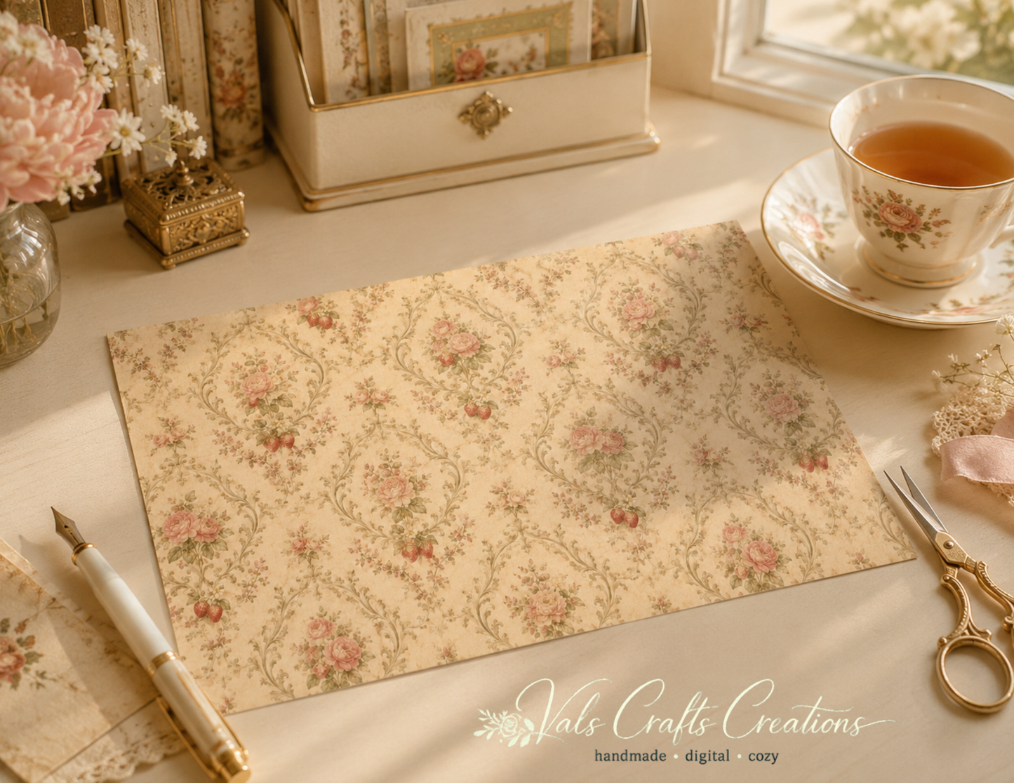 Strawberries Picnic Heirloom – Vintage Floral Junk Journal Paper Kit