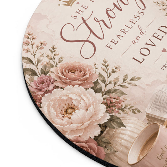 She Is Strong Fearless and Loved mouse pad | Proverbs 31:25 floral Bible study