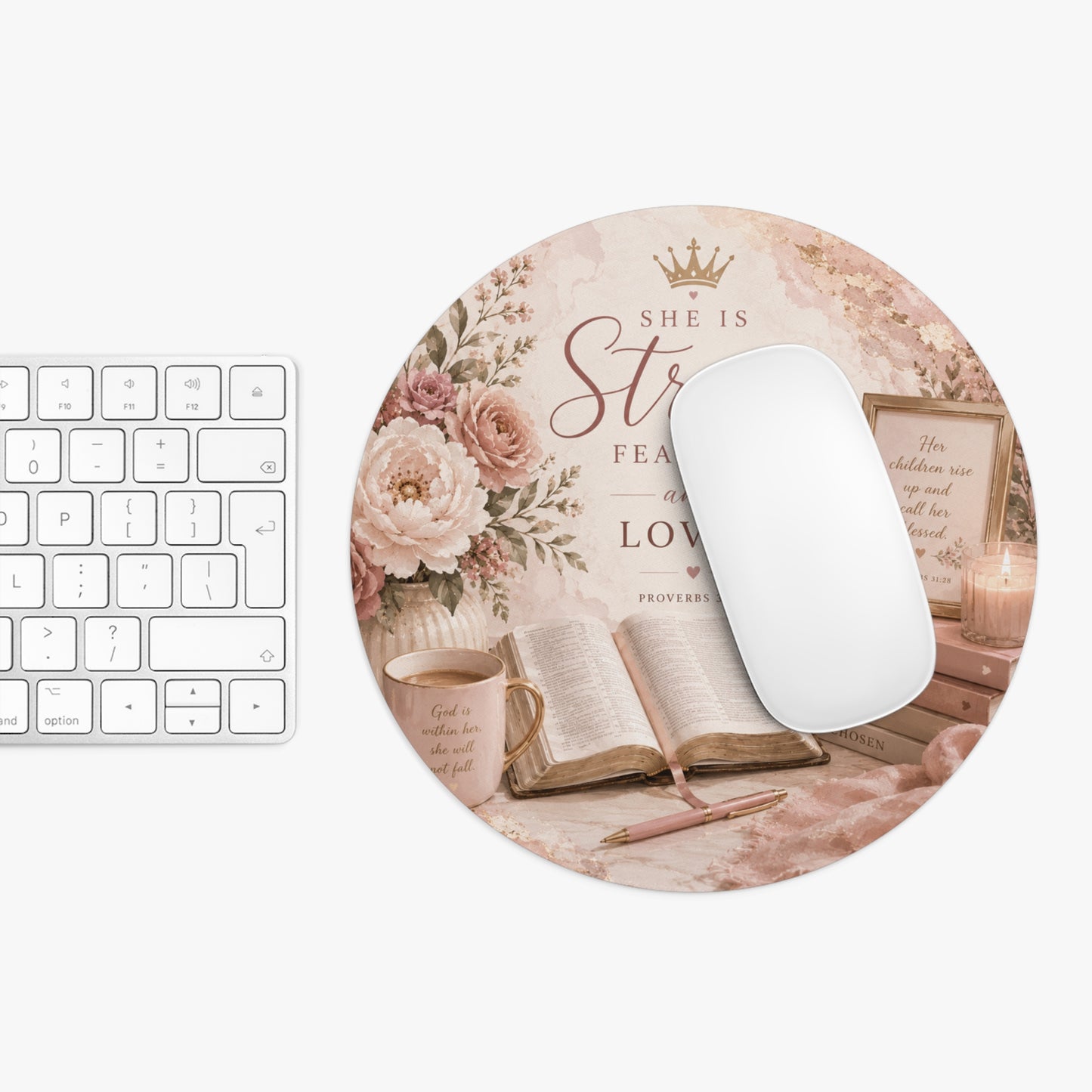 She Is Strong Fearless and Loved mouse pad | Proverbs 31:25 floral Bible study