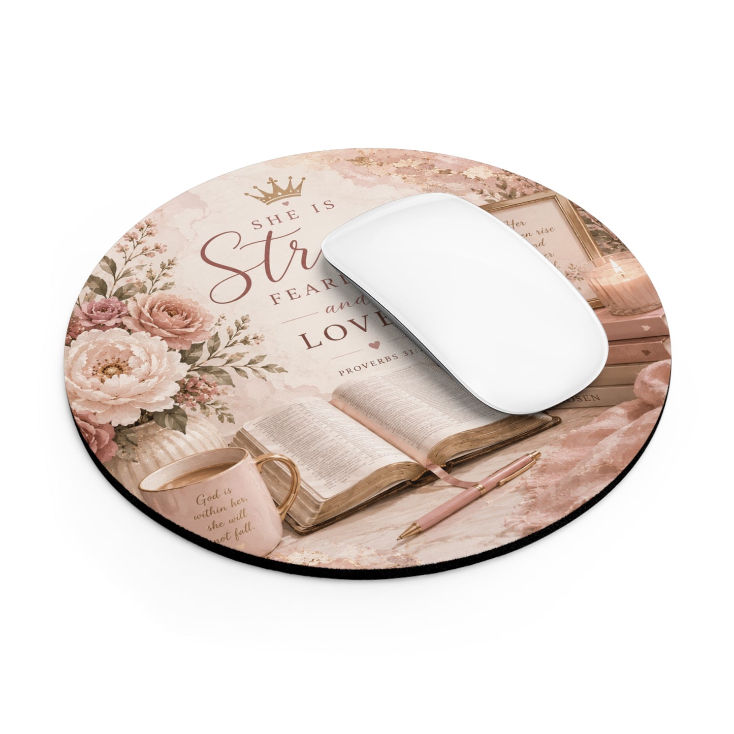She Is Strong Fearless and Loved mouse pad | Proverbs 31:25 floral Bible study