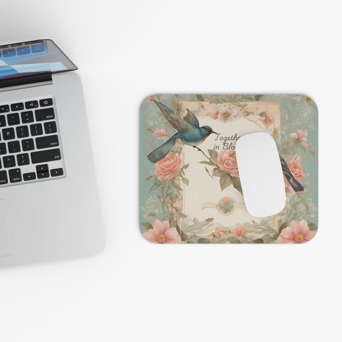Together in Bloom – Soft Pastel Floral Mouse Pad with Birds