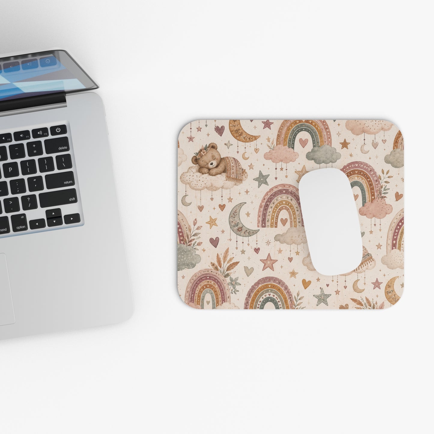 Boho Rainbow Teddy Bear Mouse Pad | Nursery Inspired Desk Accessory | Dreamy Rainbow Workspace Decor | Cute Gift for Her