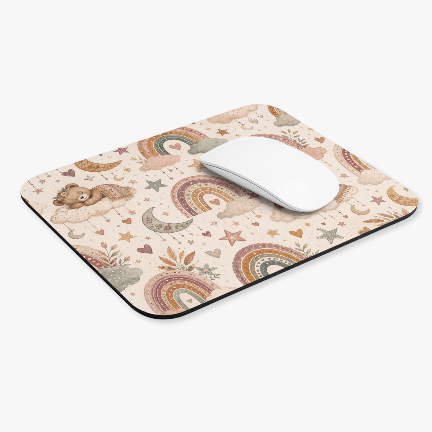 Boho Rainbow Teddy Bear Mouse Pad | Nursery Inspired Desk Accessory | Dreamy Rainbow Workspace Decor | Cute Gift for Her