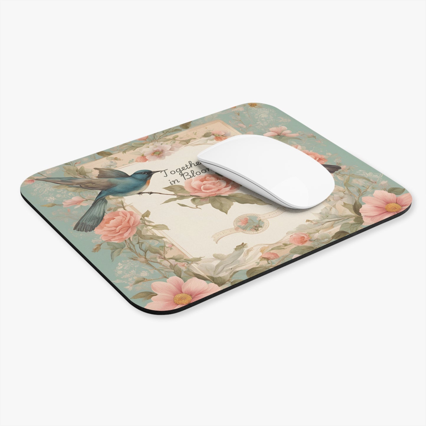 Together in Bloom – Soft Pastel Floral Mouse Pad with Birds