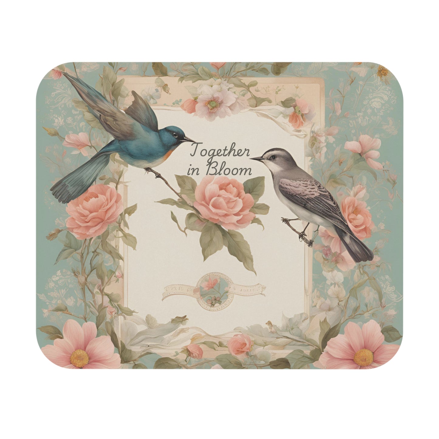Together in Bloom – Soft Pastel Floral Mouse Pad with Birds
