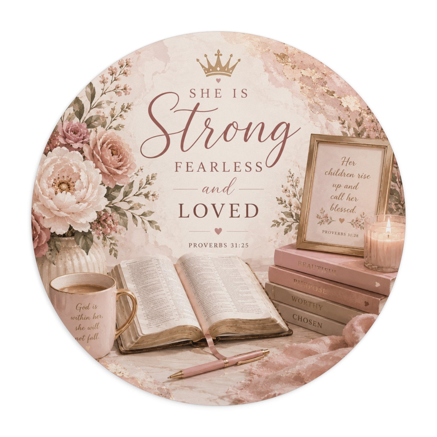 She Is Strong Fearless and Loved mouse pad | Proverbs 31:25 floral Bible study