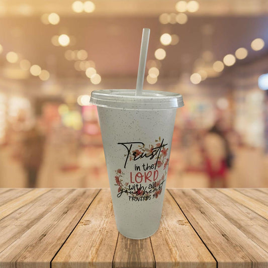 24 oz Clear Glitter Cup with Lid and Straw- Trust in the Lord