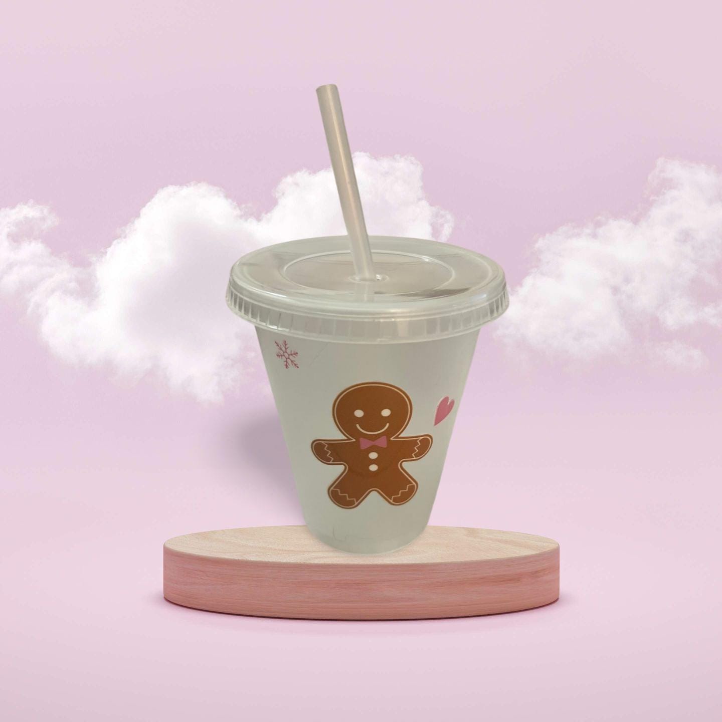 16 oz Clear Plastic Cup with Lid and Straw- Gingerbread Man