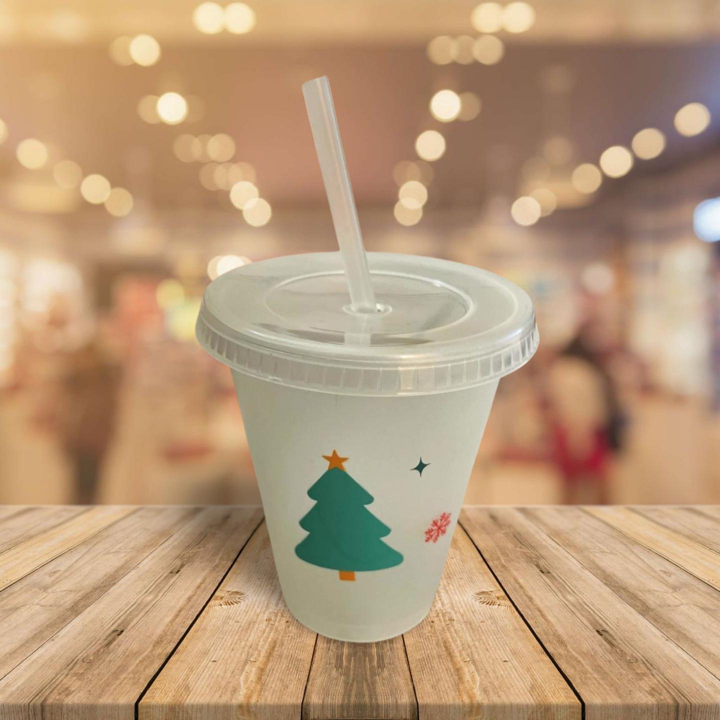 16 oz Clear Plastic Cup with Lid and Straw= Christmas tree