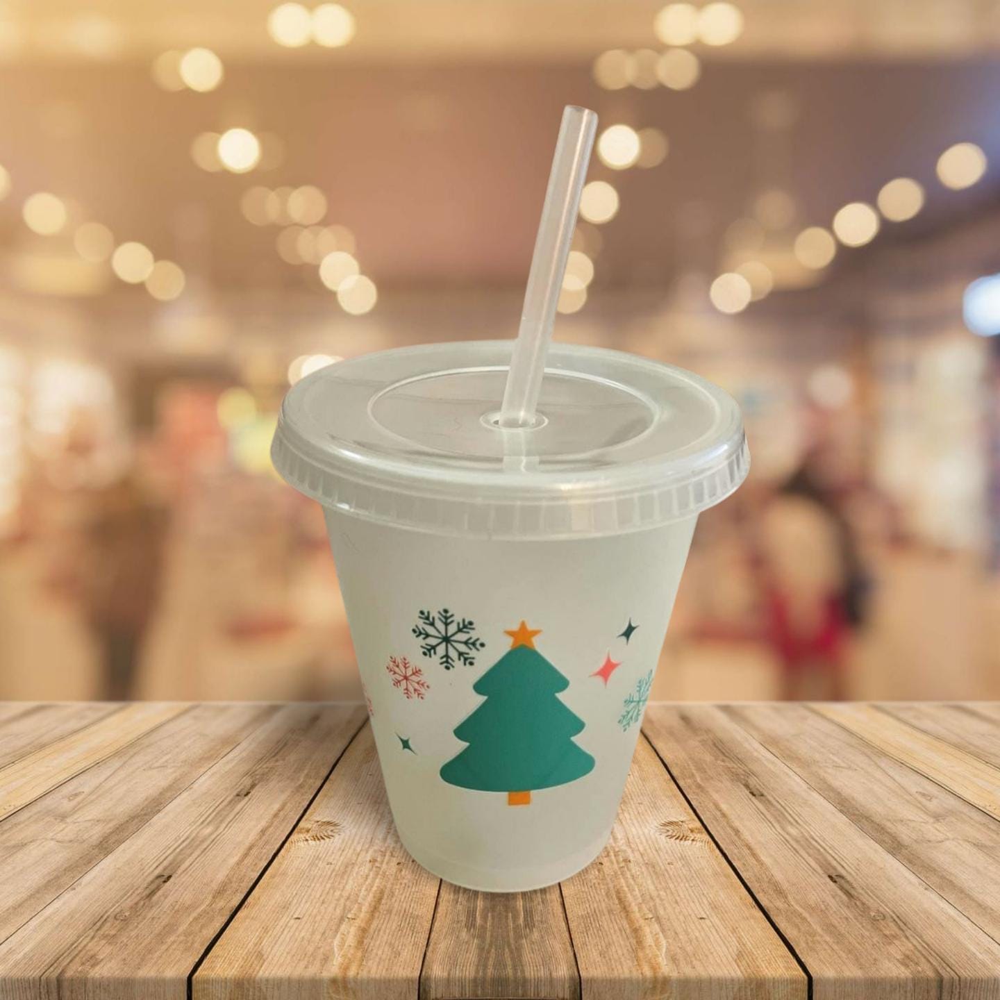 16 oz Clear Plastic Cup with Lid and Straw= Christmas tree