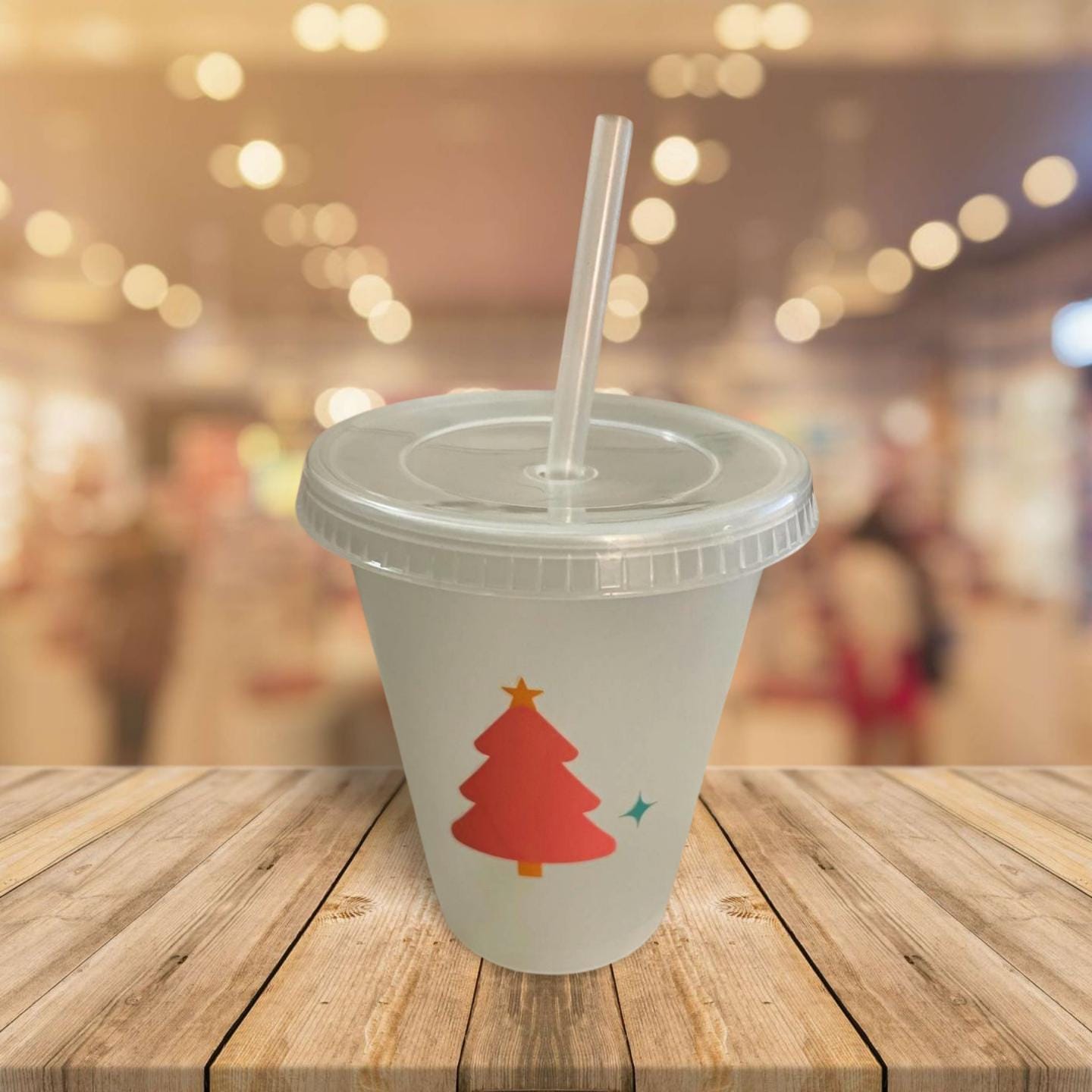 16 oz Clear Plastic Cup with Lid and Straw= Christmas tree