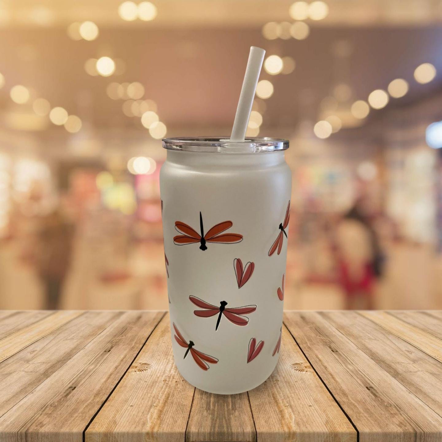 16 oz Frosted Glass Can with Acrylic lid and Straw- Dragonflies