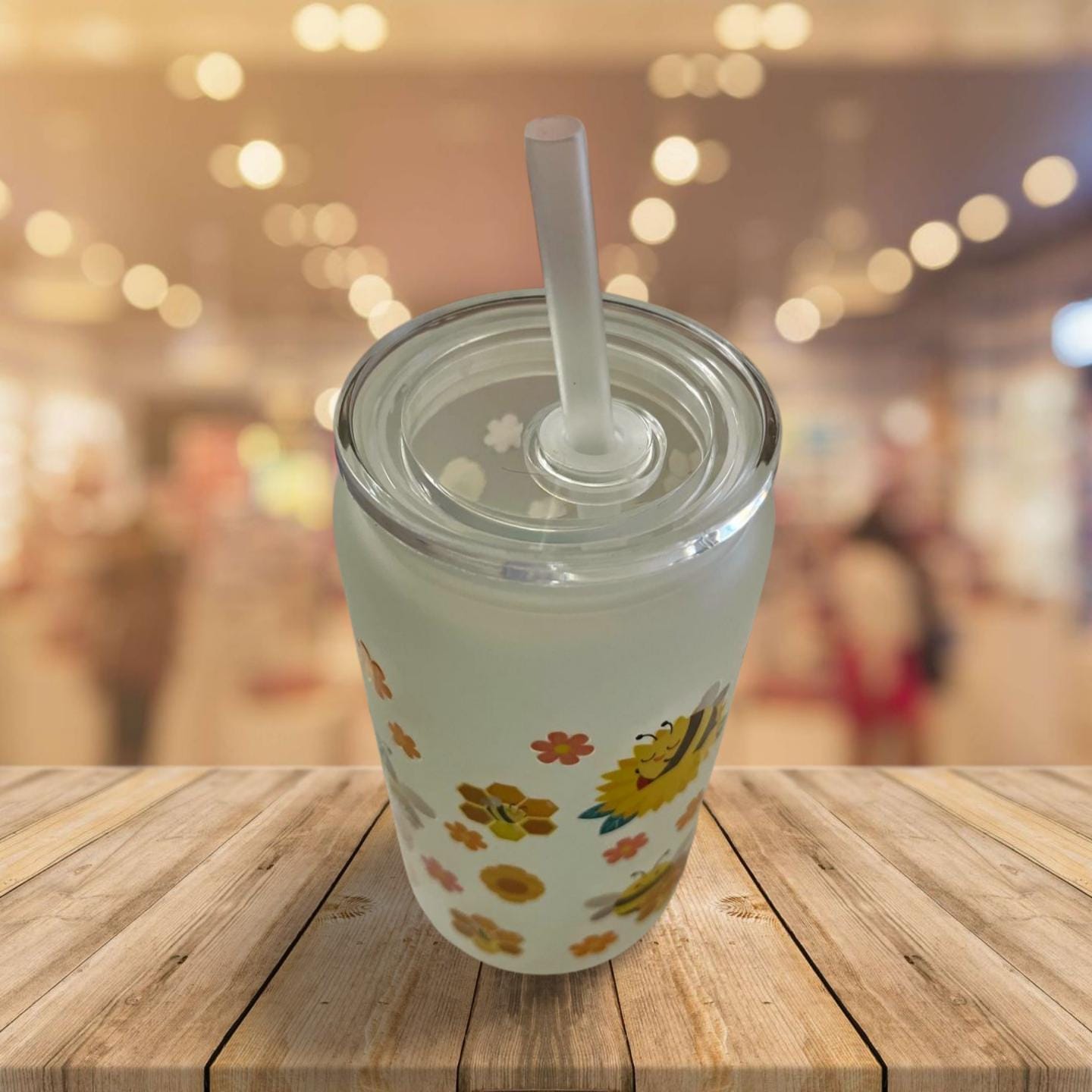 16 oz Frosted Glass Can with Lid and Straw- Flowers and bees