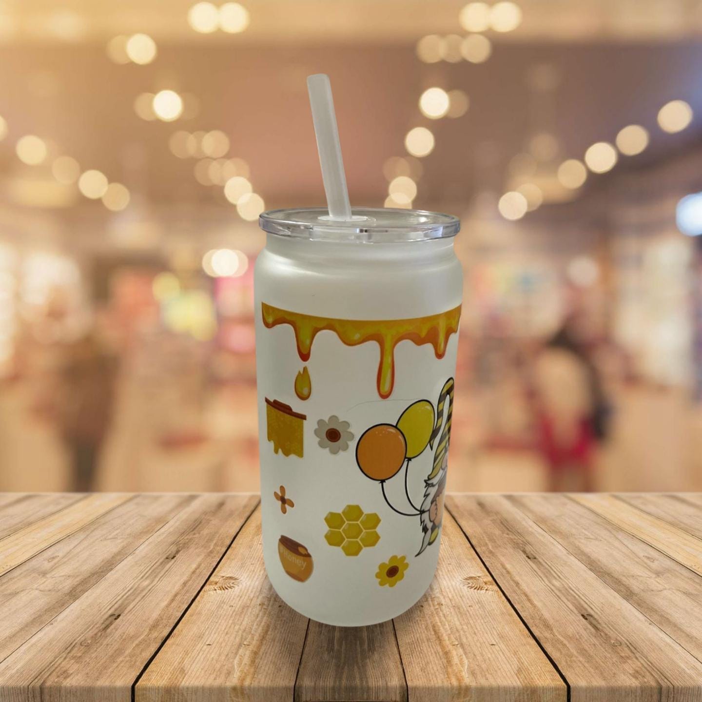 16 oz Frosted Glass Can with Lid and Stra-Gnomes and bees