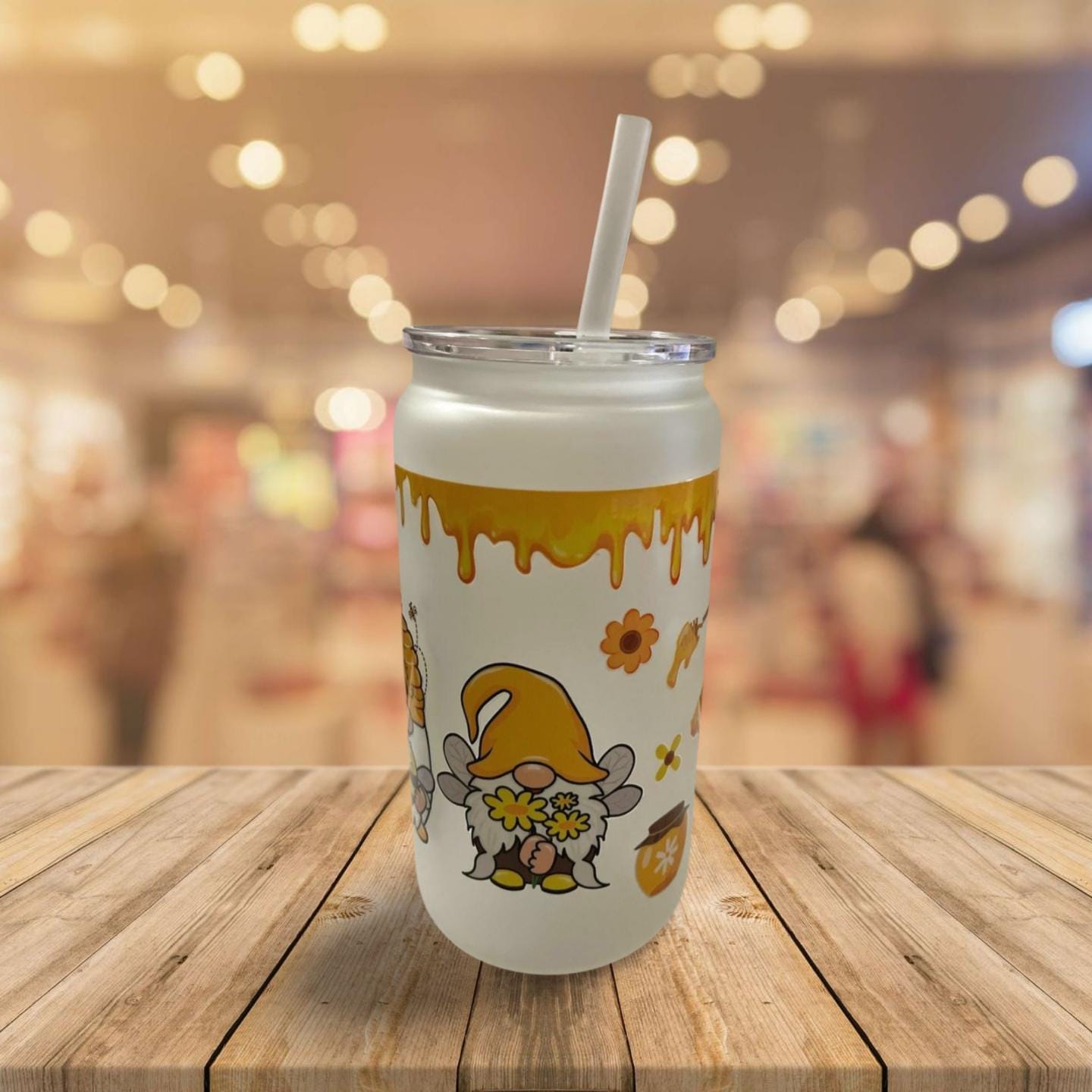 16 oz Frosted Glass Can with Lid and Stra-Gnomes and bees